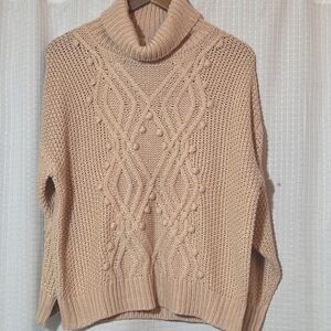Pink Lily Turtle Neck  Tan Sweater Chunky Cable Knit Size Small